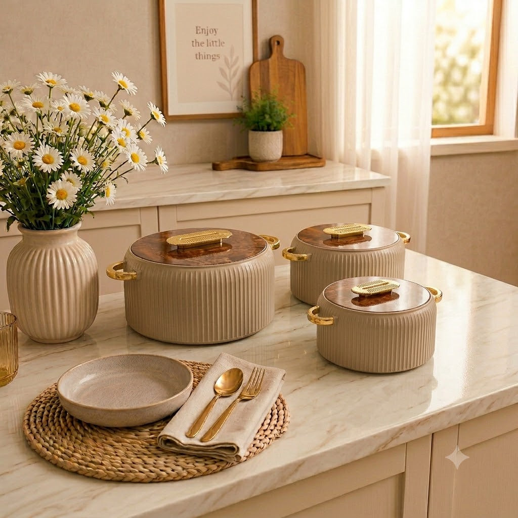 3-Piece Insulated Hot Pot Set With Marble Finish Lid Beige at Zubaidas Homestore