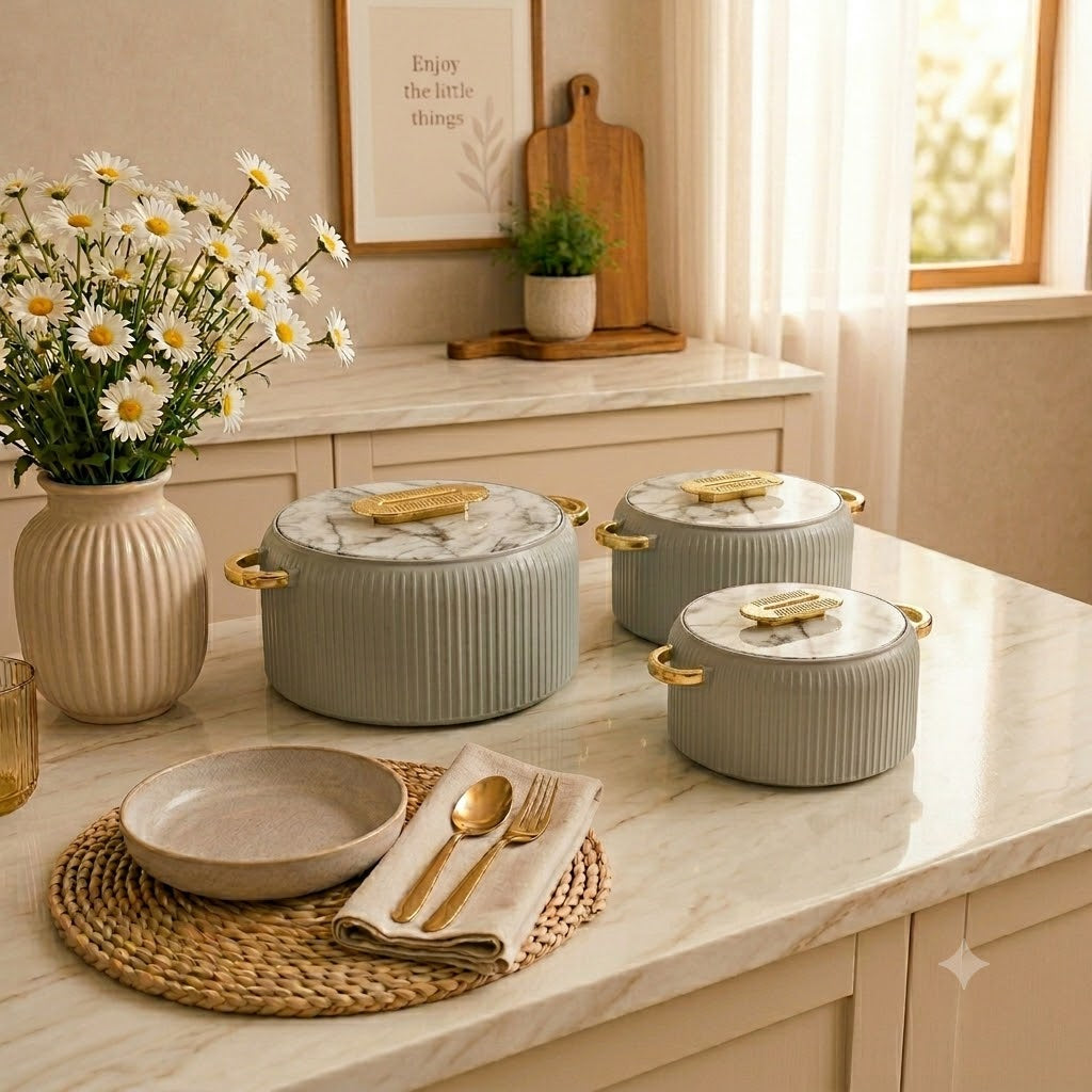3-Piece Insulated Hot Pot Set With Marble Finish Lid Sage Green at Zubaidas Homestore