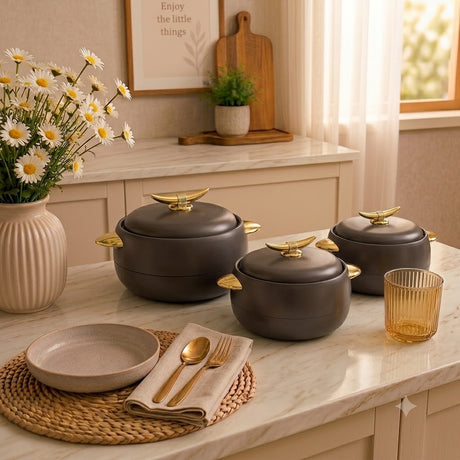 3 Pieces Dark Matte Brown Hot Pot Set With Gold Handles at Zubaidas Homestore Pakistan