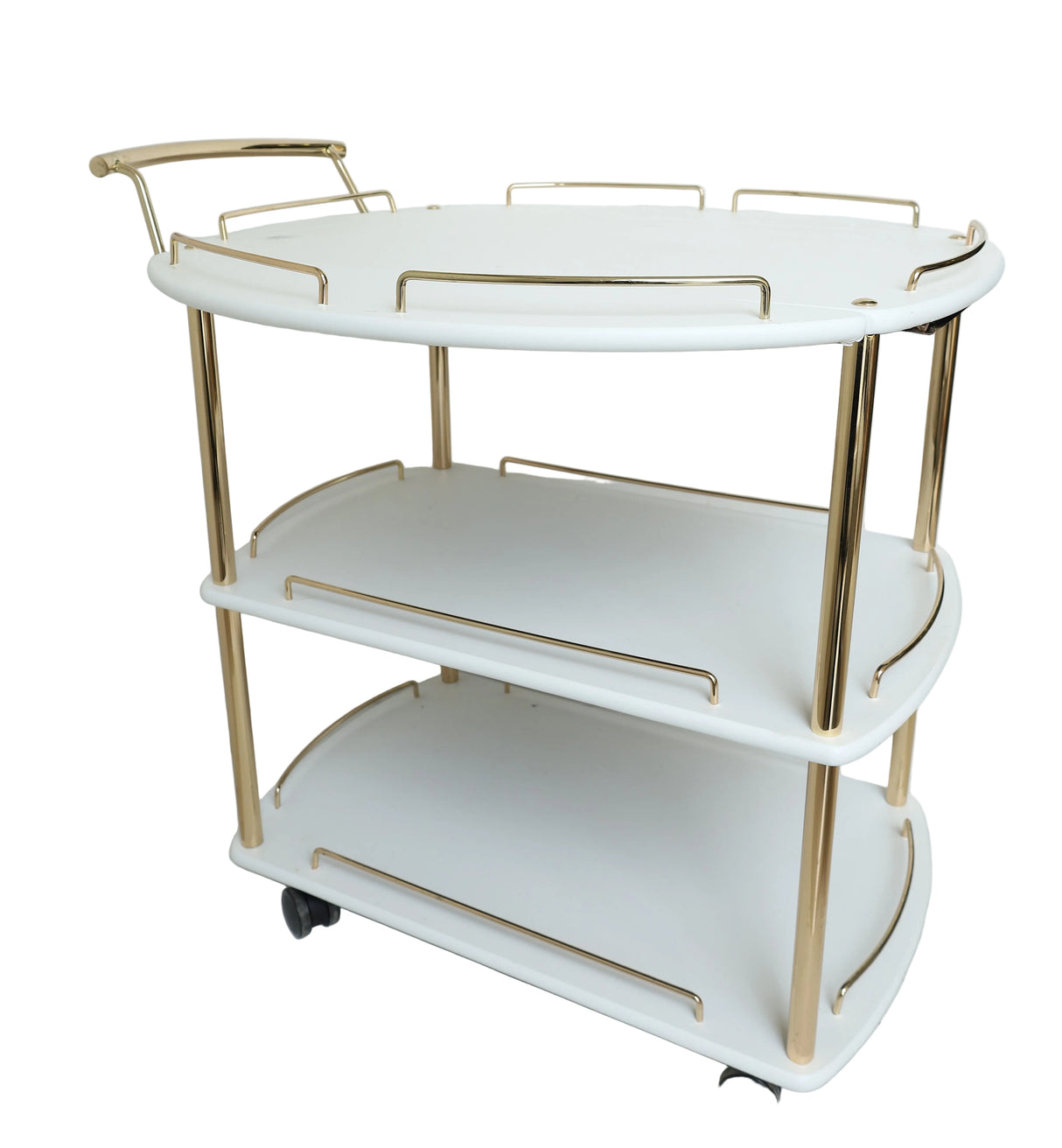 3-Tier White Wooden Rolling Serving Trolley With Gold at Zubaidas Homestore #NO 1 Homestore in Pakistan