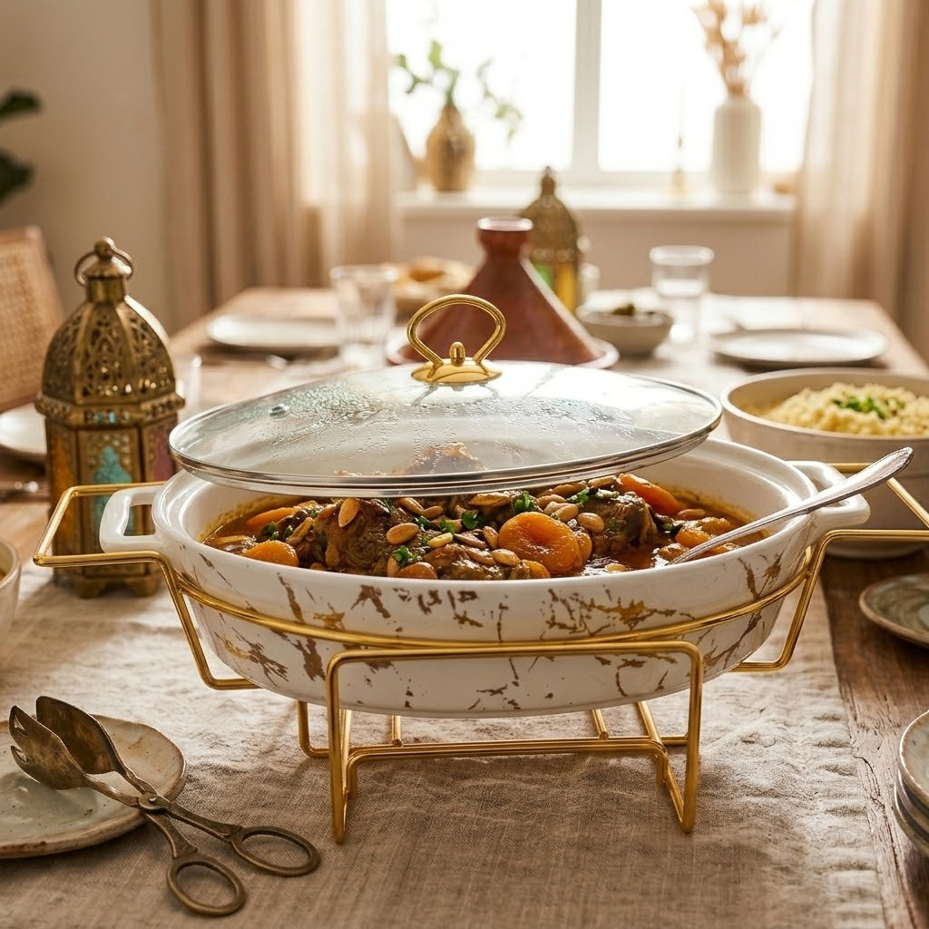 Oval Ceramic Casserole With Gold Warmer Stand 37cm at Zubaidas Homestore