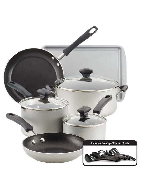 Farberware 15 Pieces Dishwasher Safe Non-Stick Cookware Set Silver at Zubaidas Homestore