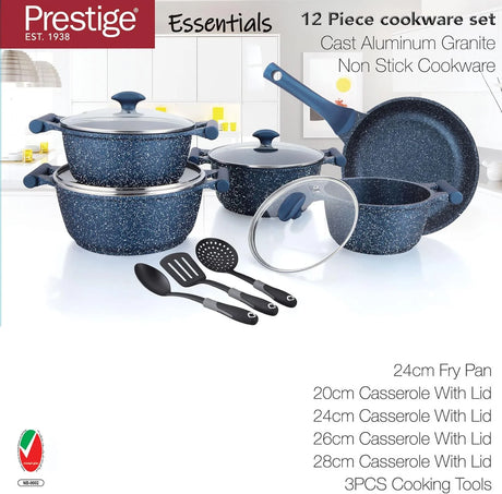 Prestige Essentials Granite 12 Piece Non-Stick Cast Aluminium Cookware Set Blue at Zubaidas Homestore. Your Favorite Home Shopping Destination in Pakistan