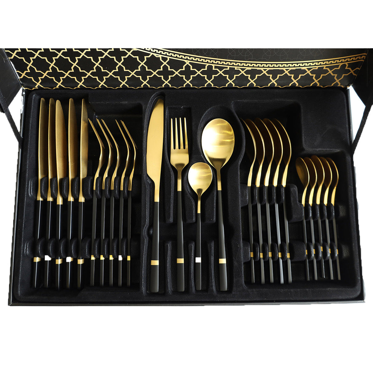 Stainless Steel 24 Piece Cutlery Set Golden Black HB-A01-3B. No1 Home Store in Pakistan