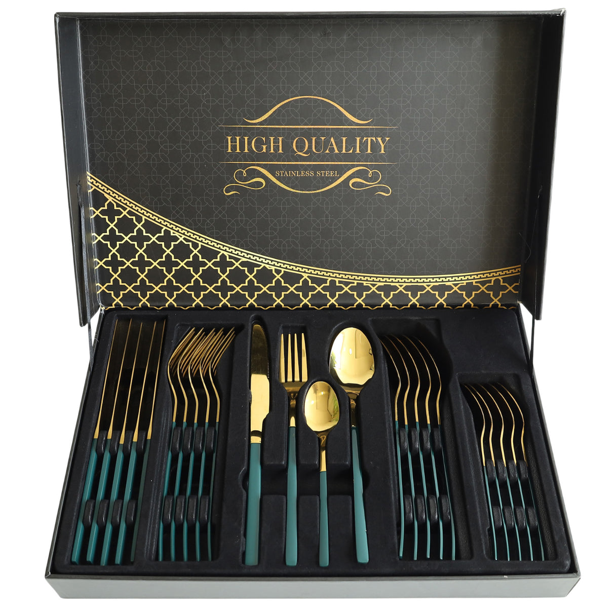 Stainless Steel 24 Piece Cutlery Set Green Golden at Zubaidas Homestore Pakistan