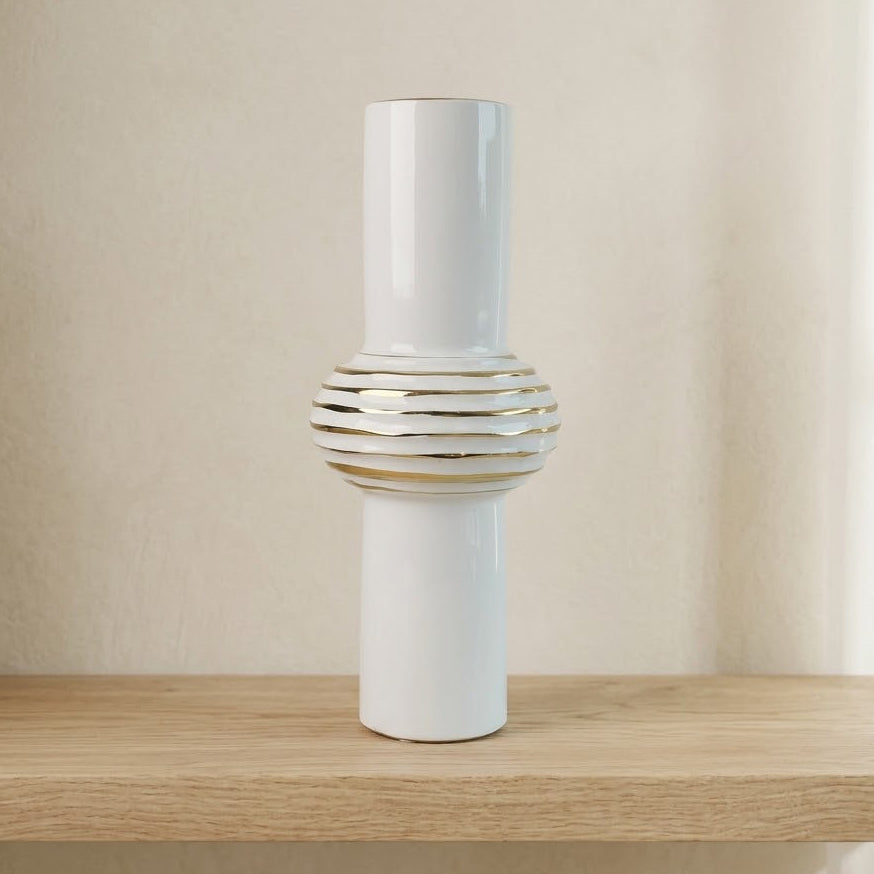 Aayat White and Gold Ribbed Ceramic Vase at Zubaidas Homestore