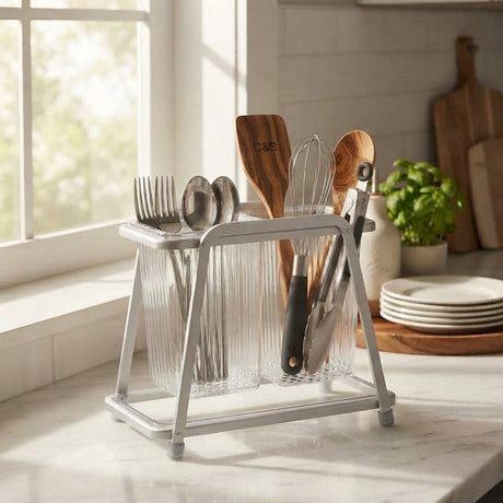 Acrylic Double Cutlery Holder with Stand Silver at Zubaidas Homestore 