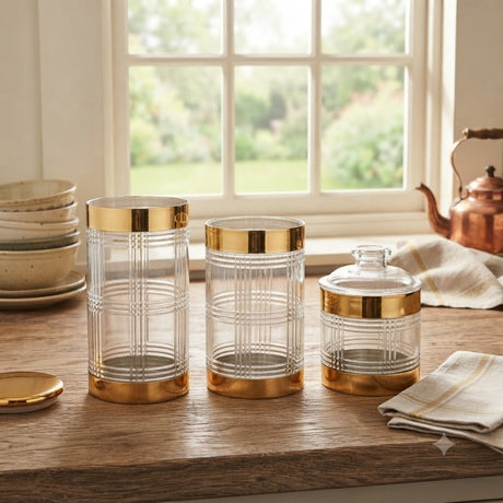 Acrylic Jar Set of 3 With Gold Trim and Texture at Zubaidas Homestore Pakistan