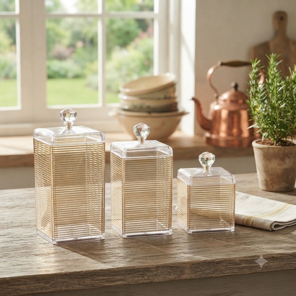 Acrylic Storage Jar Set of 3 Square Gold Lined at Zubaidas Homestore Pakistan