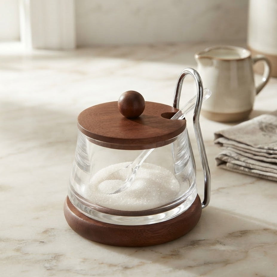 Acrylic Sugar Pot with Wooden Stand at Zubaidas Homestore