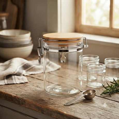 Airtight Glass Canister with Bamboo Clamp Lid at Zubaidas Homestore Pakistan