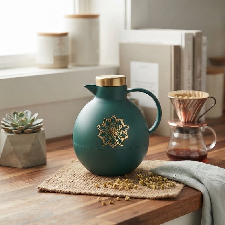 Angela Green Thermos with Gold Lid and Floral Motif at Zubaidas Homestore 