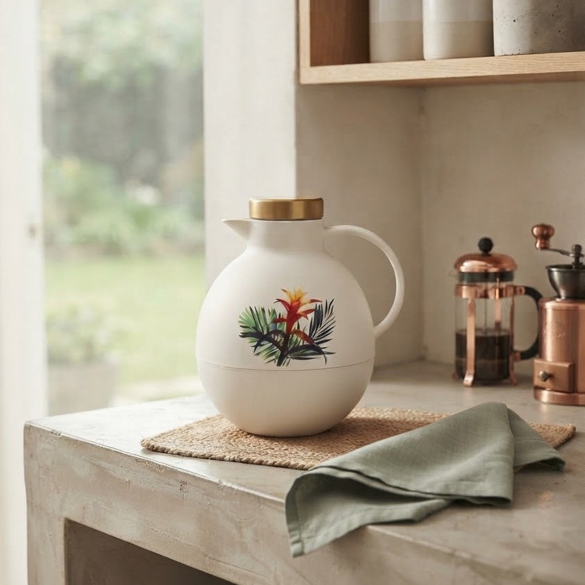 Angela White Thermos with Gold Lid and Floral Motif at Zubaidas Homestore 