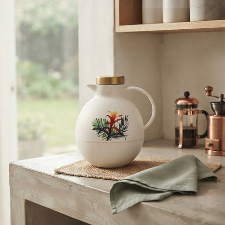 Angela White Thermos with Gold Lid and Floral Motif at Zubaidas Homestore 