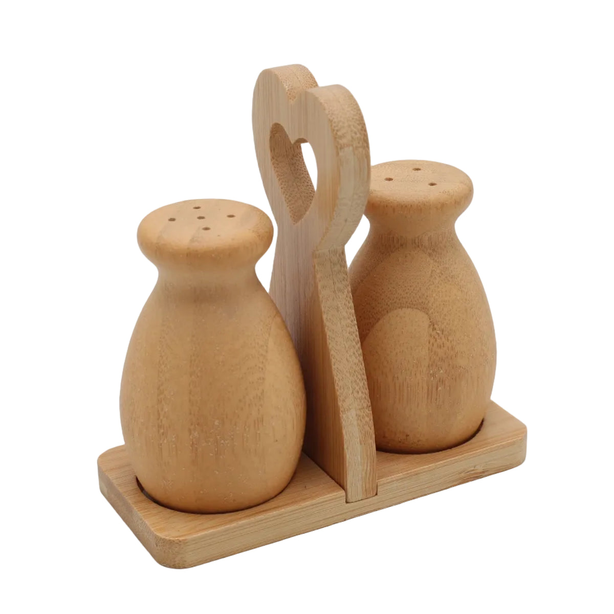 Bamboo Salt and Pepper Shaker Set with Heart Caddy at Zubaidas Homestore - The Largest Collection of Decor In Pakistan