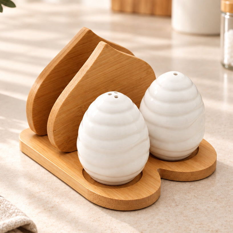 Bamboo Salt and Pepper Shaker with Napkin Caddy at Zubaidas Homestore