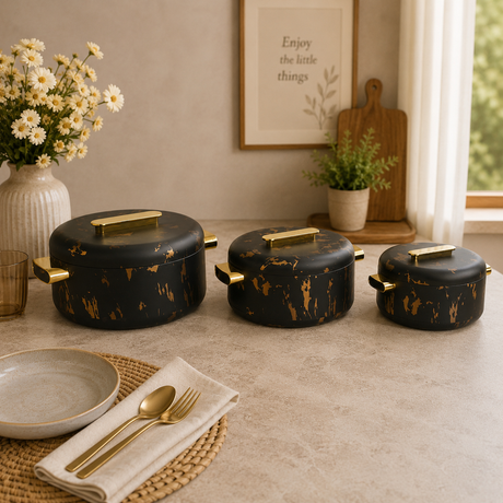 Black Marble Finish Hot Pot Set With Gold Handles at Zubaidas Homestore Pakistan