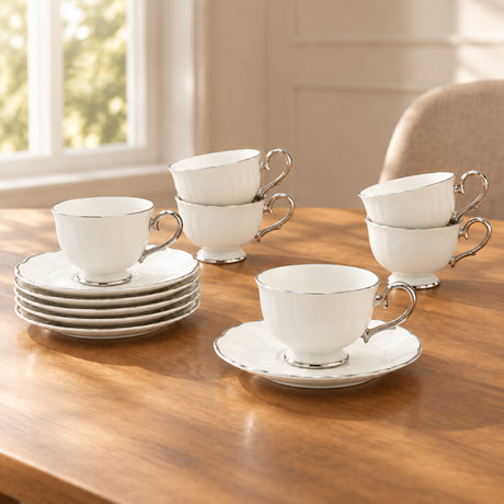 Bloom Silver Trim Cup and Saucer 6 Pieces Set at Zubaidas Homestore