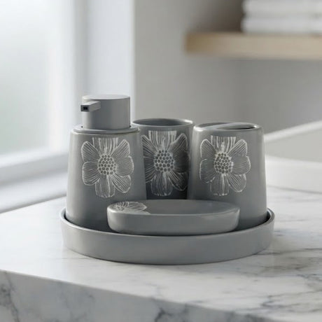 Brilliant 5 Pieces Grey Floral Bathroom Accessory Set at Zubaidas Homestore Online Pakistan