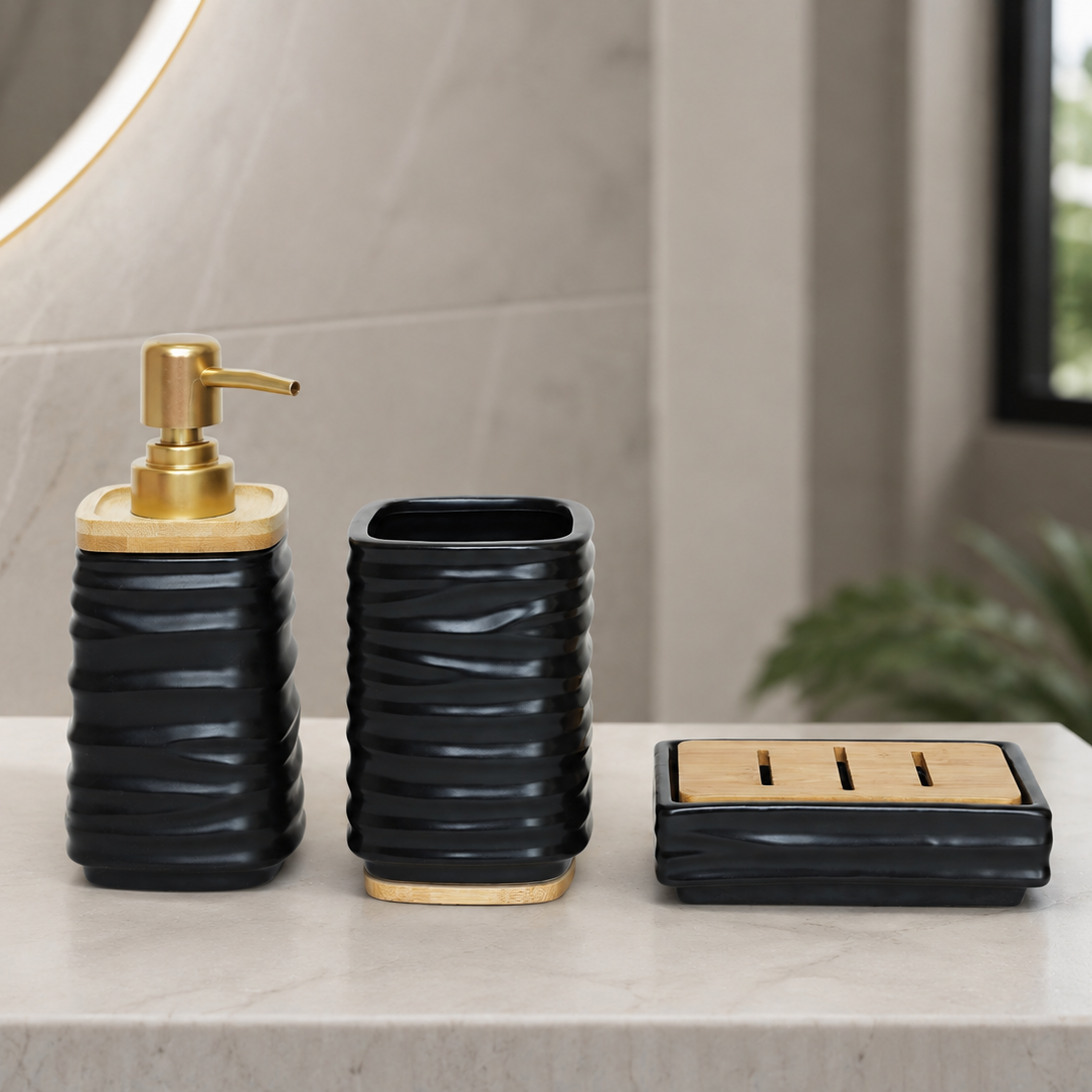 Brilliant Black Ribbed Ceramic Bath Accessories 3 Pieces Set at Zubaidas Homestore
