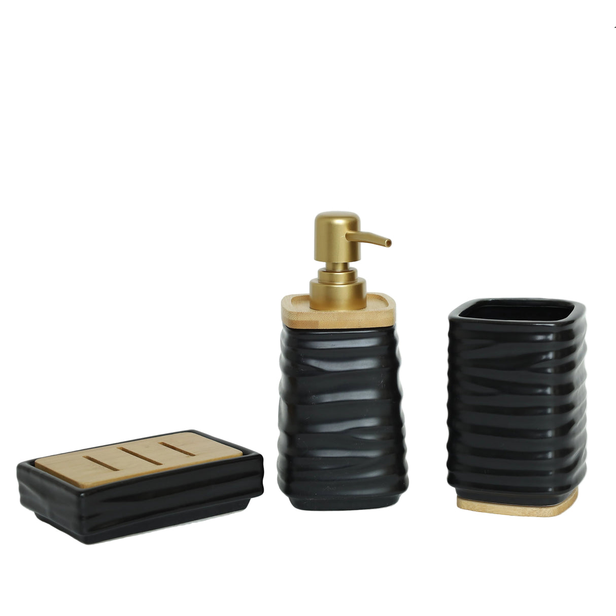 Brilliant Black Ribbed Ceramic Bath Accessories 3 Pieces Set at Zubaidas Homestore Pakistan