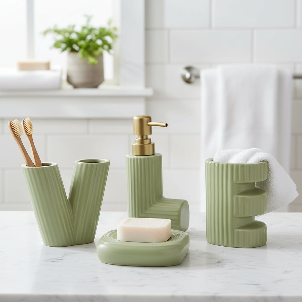 Brilliant Love Ceramic Bathroom Accessories Set Green at Zubaidas Homestore 