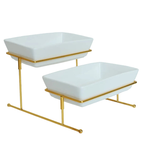 Brilliant Porcelain 2-Tier Rectangular Plate with Gold Stand at Zubaidas Homestore Best for Home Shopping Pakistan