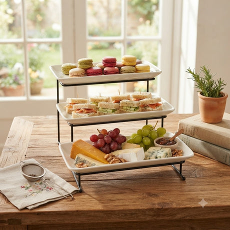 Brilliant Porcelain 3-Tier Rectangular Plate with Black Stand at Zubaidas Homestore Pakistan