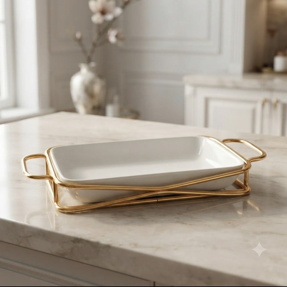 Brilliant Rectangle Serving Dish With Gold Stand 25cm at Zubaidas Homestore.