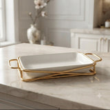 Brilliant Rectangle Serving Dish With Gold Stand 25cm at Zubaidas Homestore.
