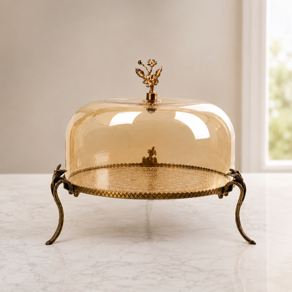 Cake Dish with Glass Dome and Ornate Metal Stand Small at Zubaidas Homestore