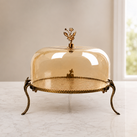 Cake Dish with Glass Dome and Ornate Metal Stand Small at Zubaidas Homestore