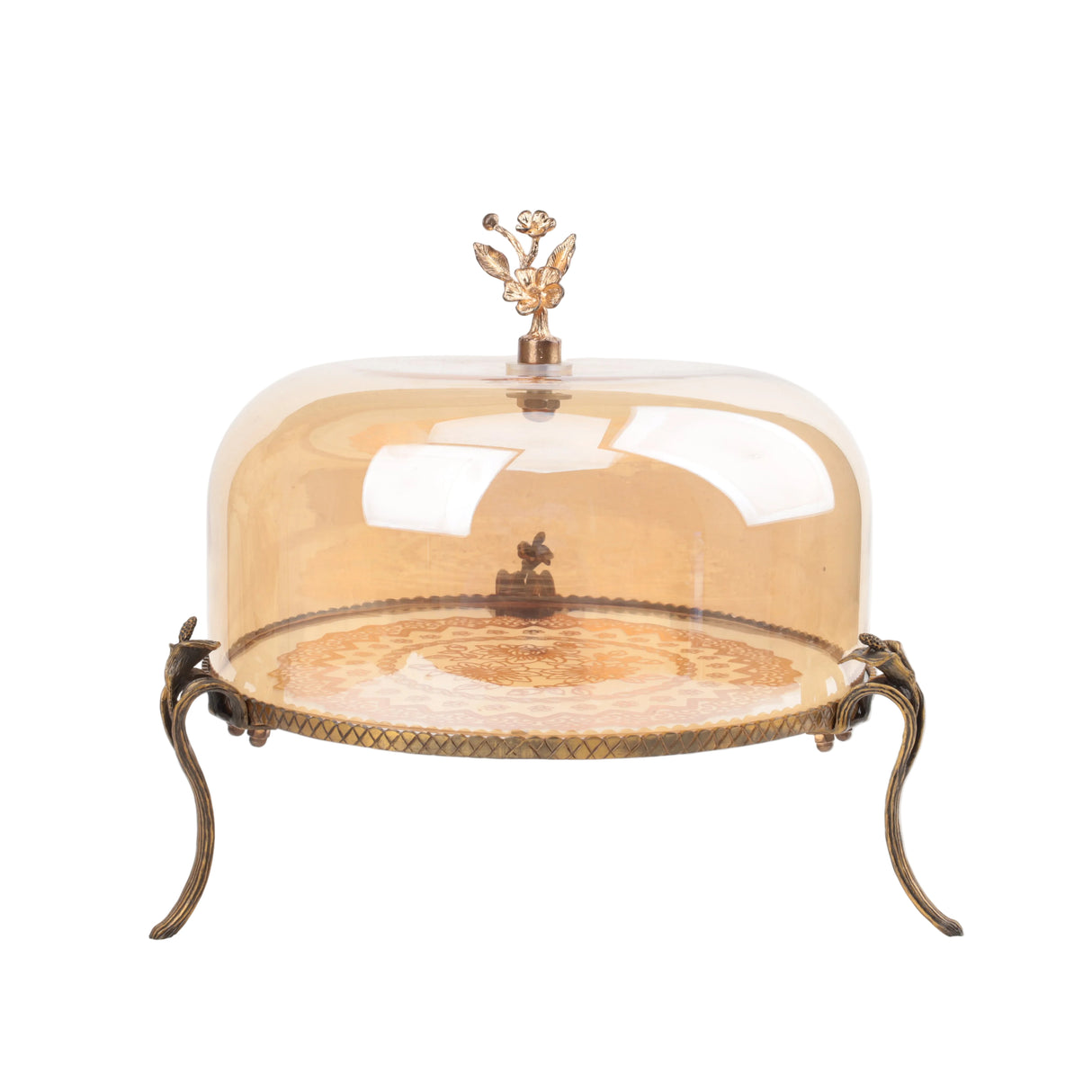 Cake Dish with Glass Dome and Ornate Metal Stand Small at Zubaidas Homestore Pakistan