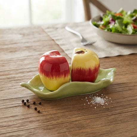Ceramic Apple Salt and Pepper Shaker with Leaf Tray at Zubaidas Homestore