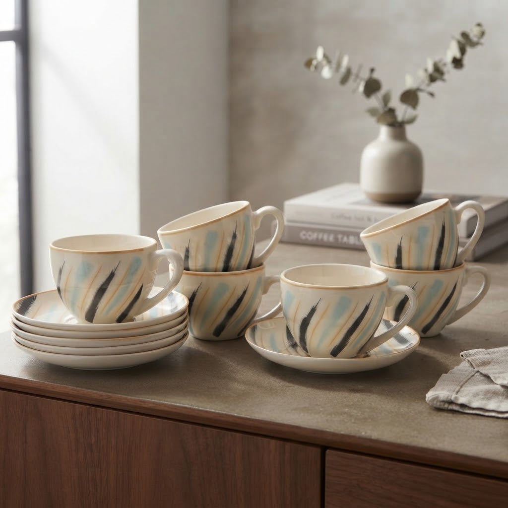 Ceramic Brush Stroke Design Tea Cup and Saucer 6 Pieces Set at Zubaidas Homestore