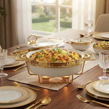 Ceramic Casserole with Gold Stand in White and Gold at Zubaidas Homestore Pakistan