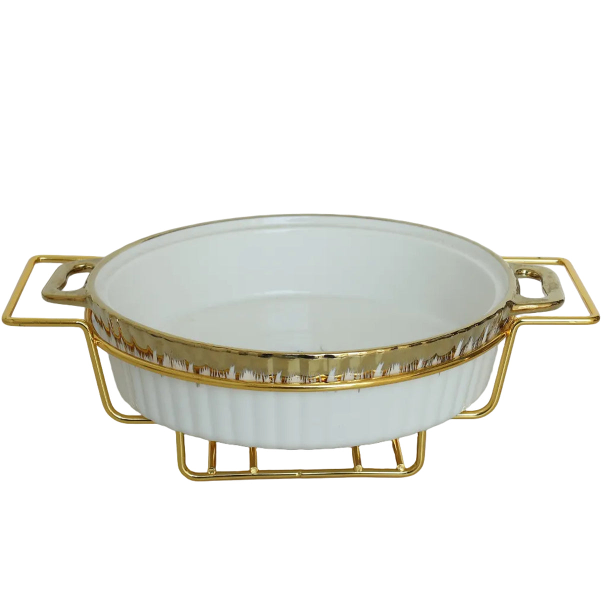 Ceramic Casserole with Gold Stand in White and Gold at Zubaidas Homestore Online Pakistan