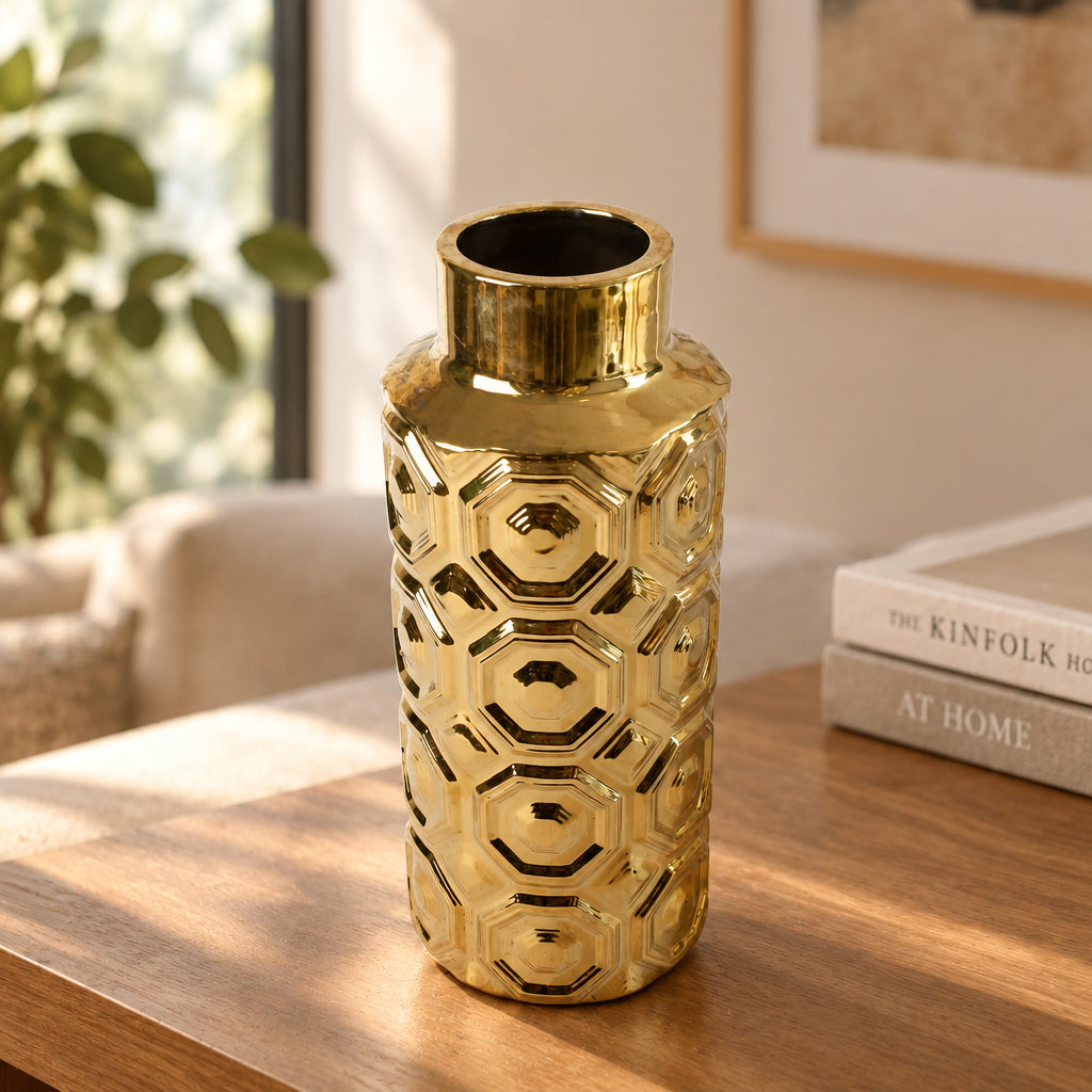 Ceramic Golden Honeycomb Decorative Vase at Zubaidas Homestore