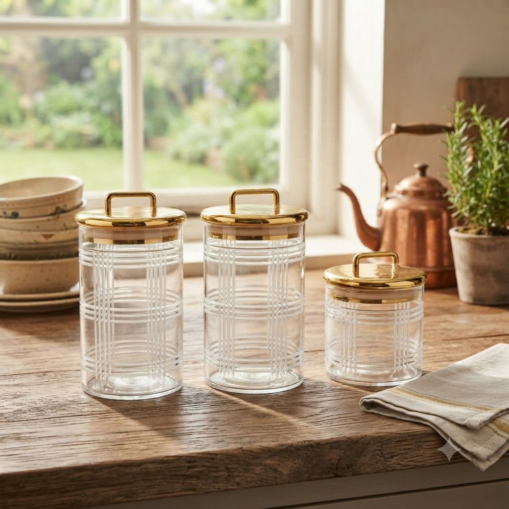 Clear Acrylic Jar Set of 3 With Gold Lid and Texture at Zubaidas Homestore Pakistan
