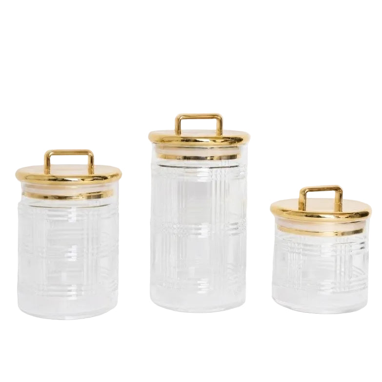 Clear Acrylic Jar Set of 3 With Gold Lid and Texture at Zubaidas Homestore Best for Home Shopping Pakistan