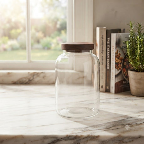 Clear Glass Storage Jar with Wooden Lid 1000ML at Zubaidas Homestore Pakistan