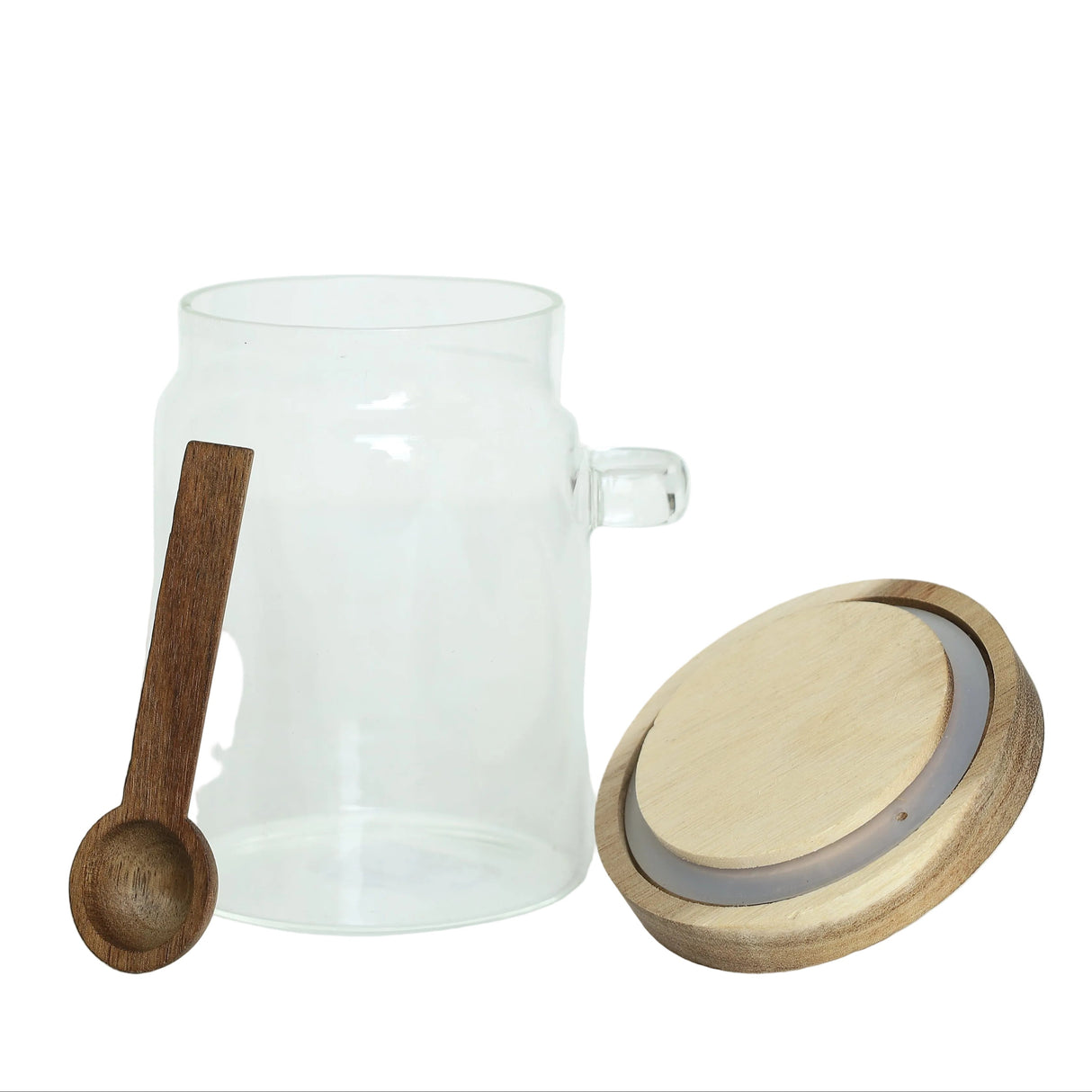 Clear Glass Storage Jar with Wooden Lid and Spoon 750ml at Zubaidas No#1 Homestore in Pakistan