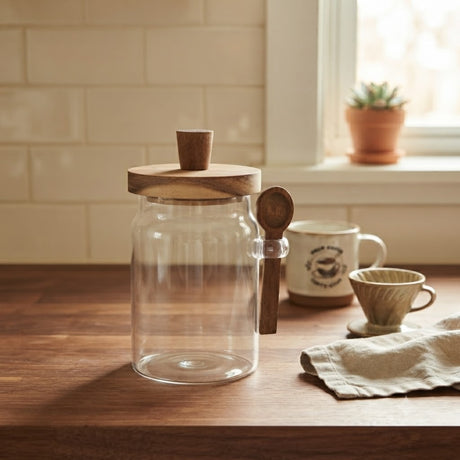 Clear Glass Storage Jar with Wooden Lid and Spoon 750ml at Zubaidas Homestore Pakistan