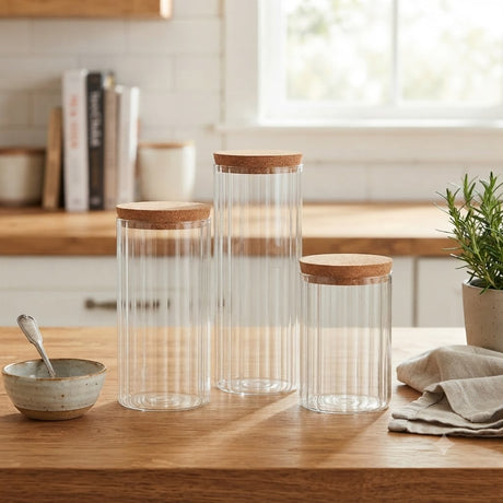 Clear Ribbed Glass Storage Jar Set - 3 Pieces at Zubaidas Homestore Pakistan