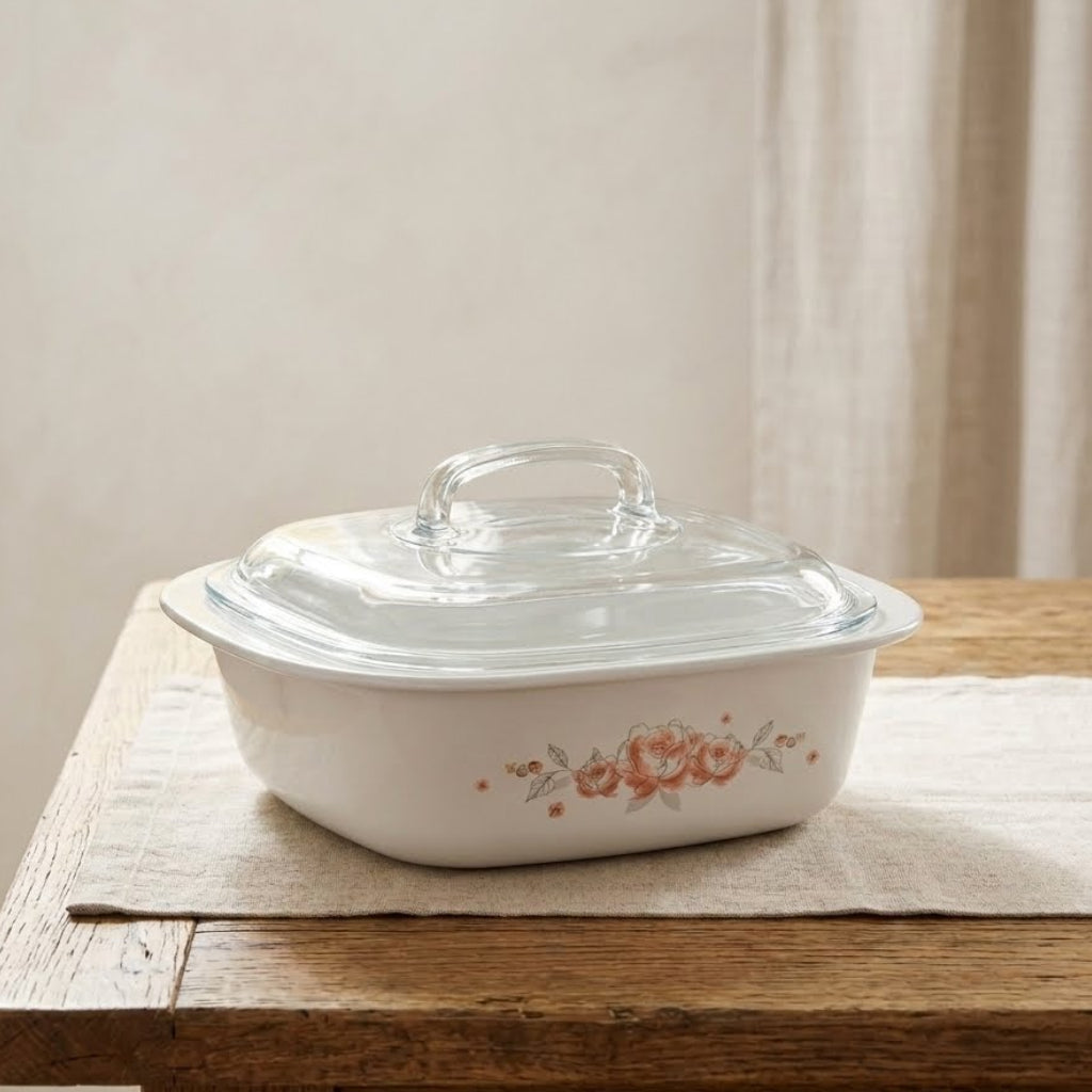 Corelle Brushed Stroke Roses 1.41L Square Dish with Lid at Zubaidas Homestore Pakistan