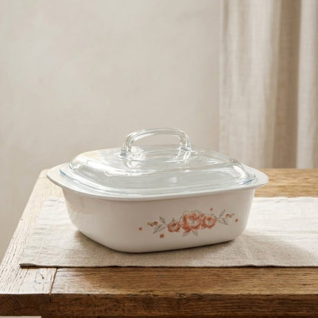 Corelle Brushed Stroke Roses 1.41L Square Dish with Lid at Zubaidas Homestore Pakistan