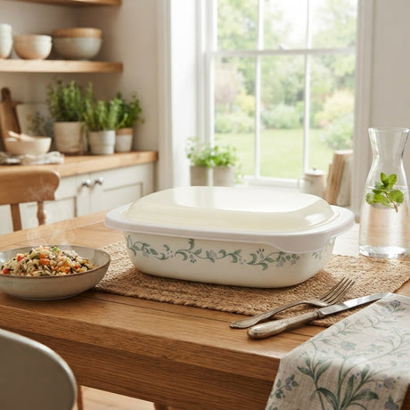 Corelle Country Cottage Oblong Dish with Plastic Lid 1.89L at Zubaidas Homestore Pakistan
