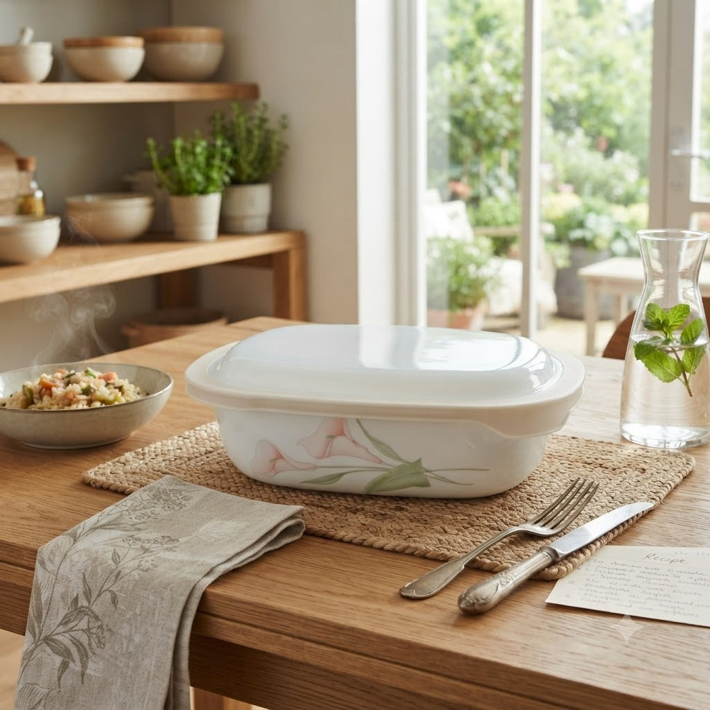 Corelle Country Cottage Oblong Dish with Plastic Lid 1.89L at Zubaidas Homestore Pakistan