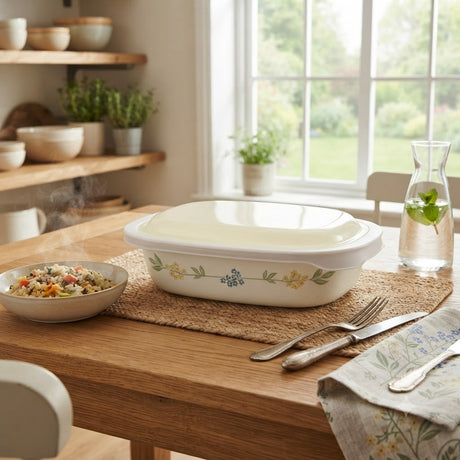 Corelle Secret Garden Oblong Dish with Plastic lid 1.89L at Zubaidas Homestore Pakistan