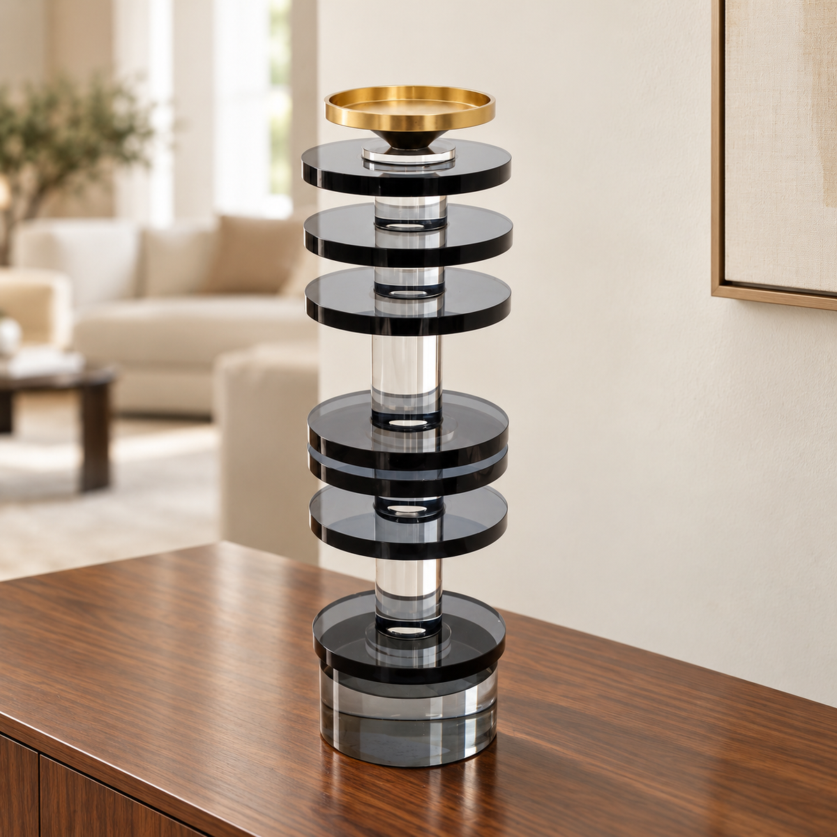 Crystal Pillar Candle Holder with Black Rings at Zubaidas Homestore